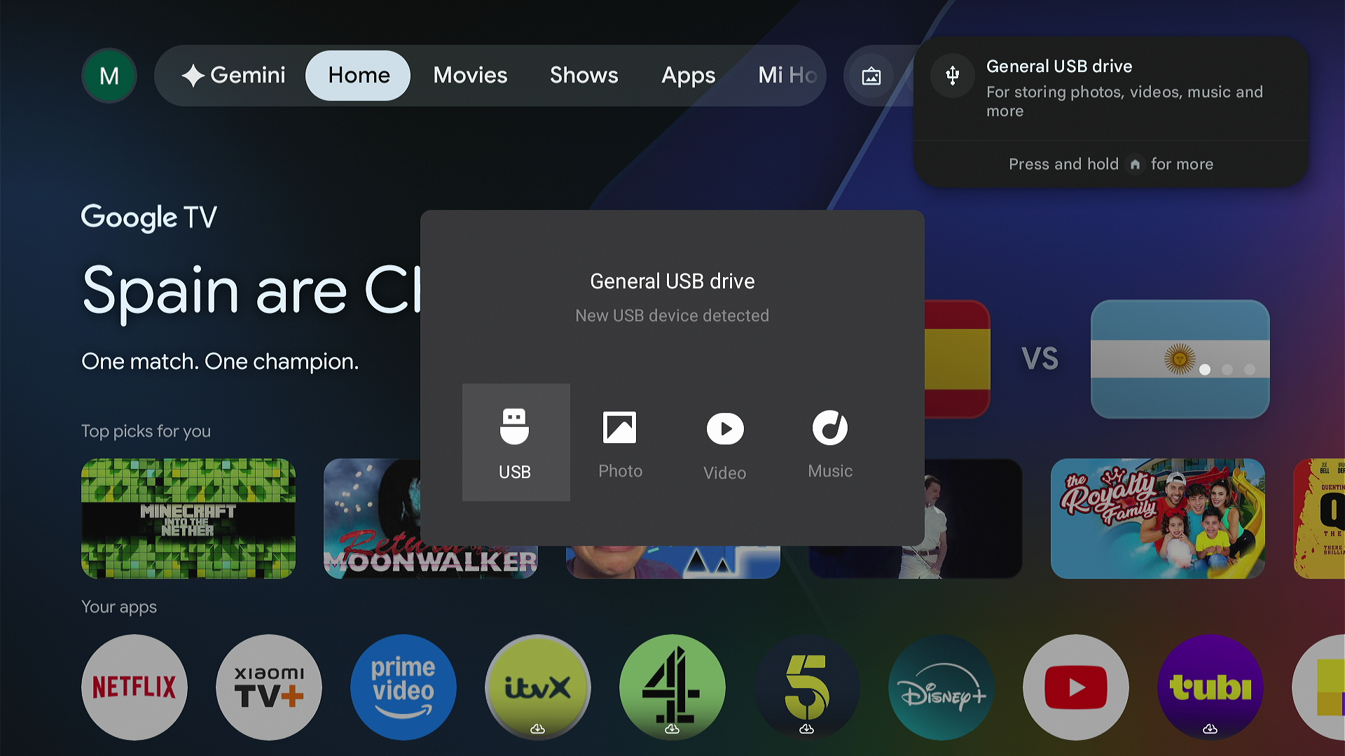 USB drive inserted dialog Goole TV