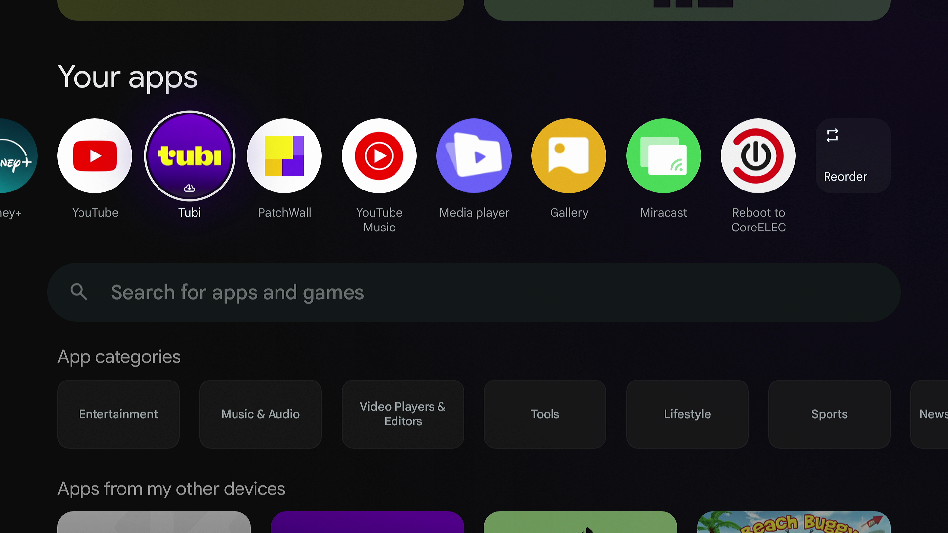 Reboot to CoreELEC in Google TV apps menu