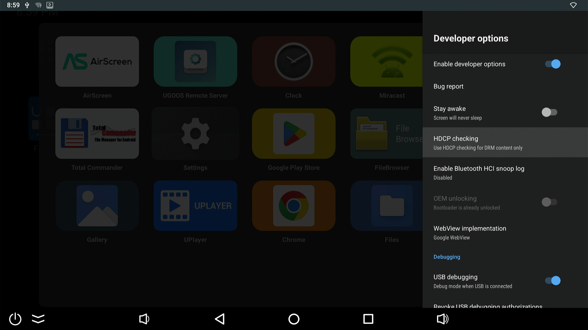 Developer options in Android. USB debugging. OEM unlocking